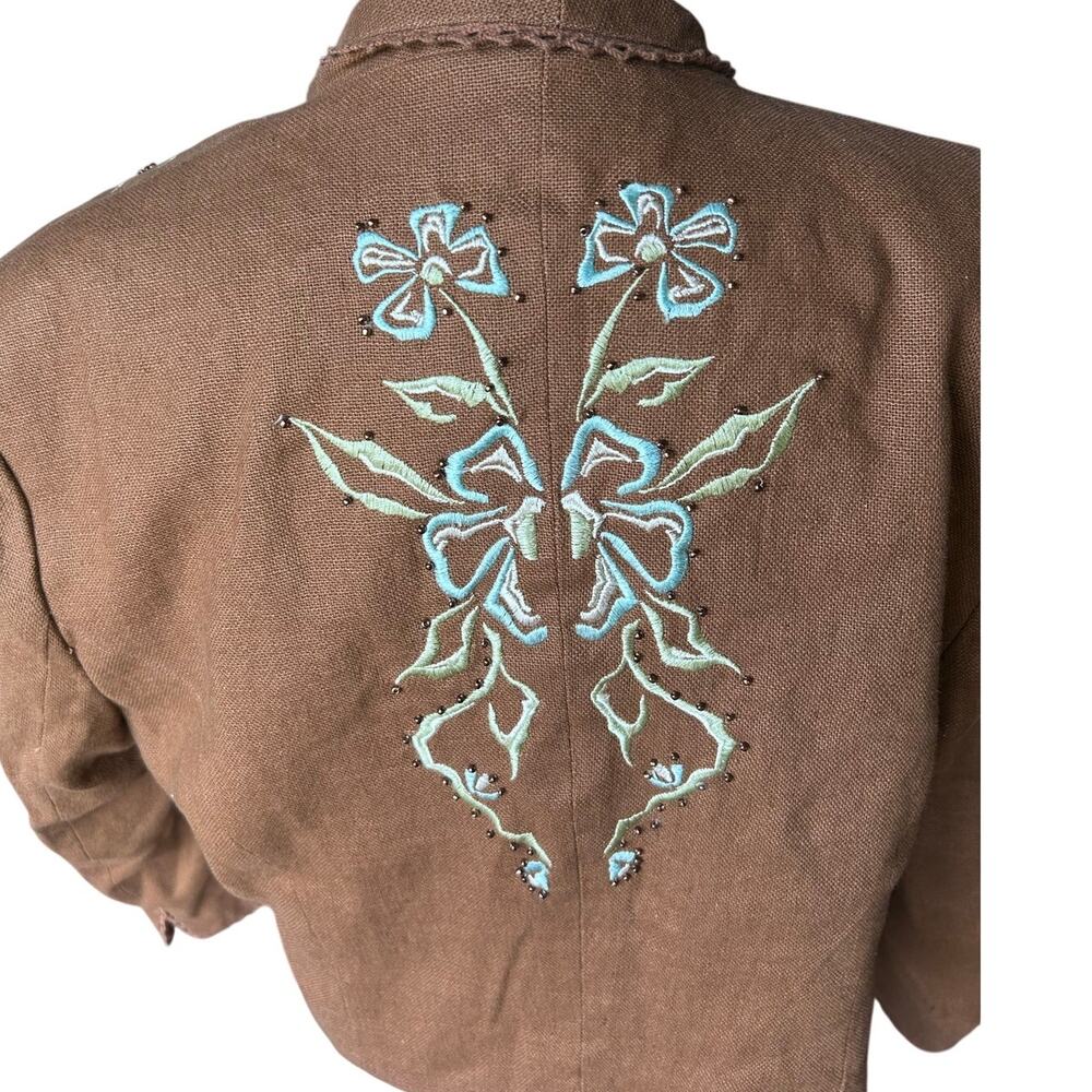 Central Park Linen Boho Embroidered Cropped Jacket Blazer Brown Tan Size 10 - Picture 4 of 5